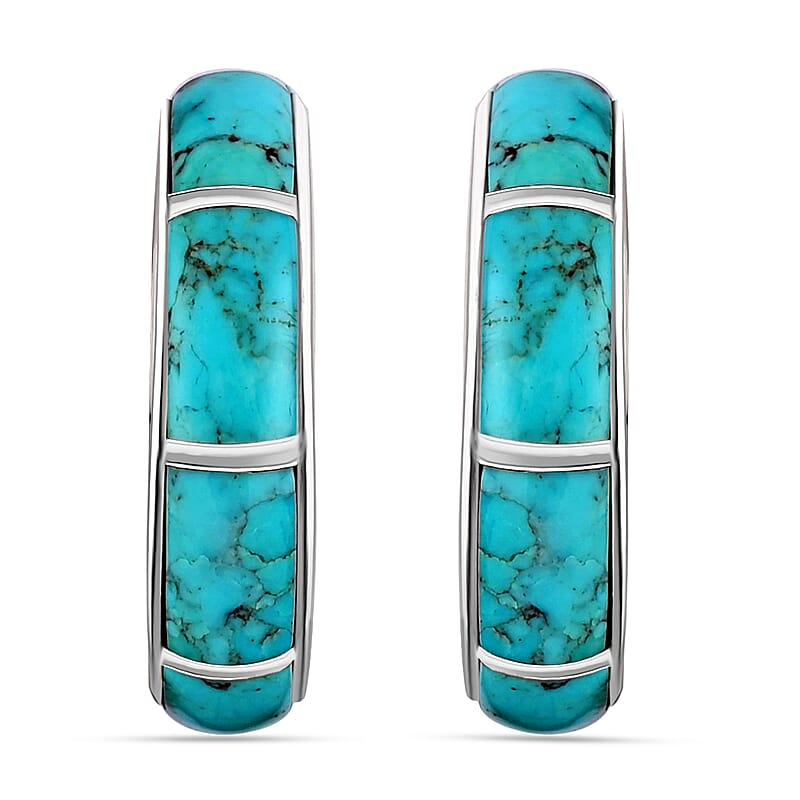 Santa Fe Style Turquoise J-Hoop Earrings in Sterling Silver 2.50 ctw
