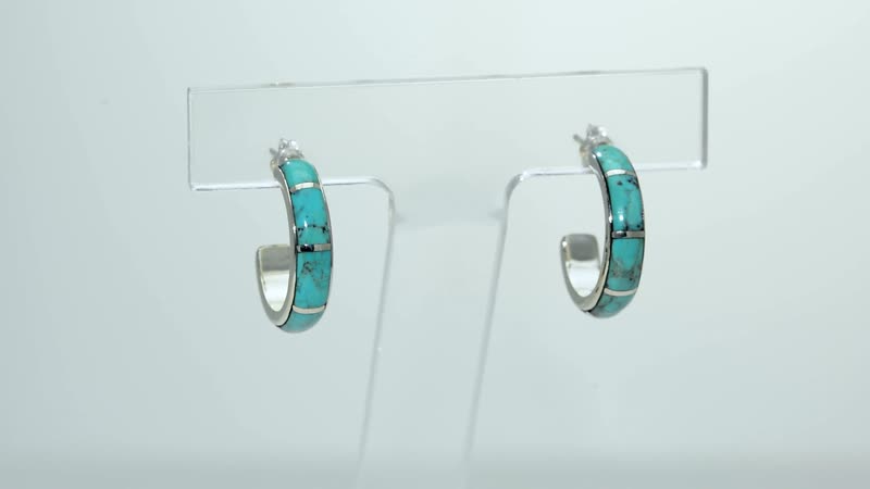 SANTA FE Style Turquoise J-Hoop Earrings in Sterling Silver 2.50 ctw