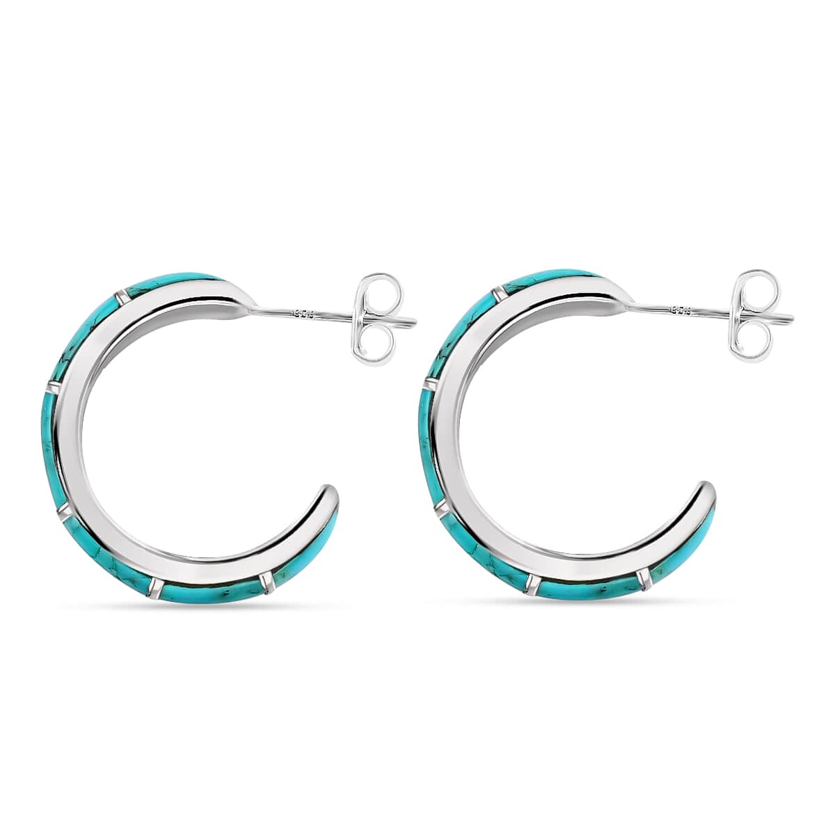 SANTA FE Style Turquoise J-Hoop Earrings in Sterling Silver 2.50 ctw image number 2