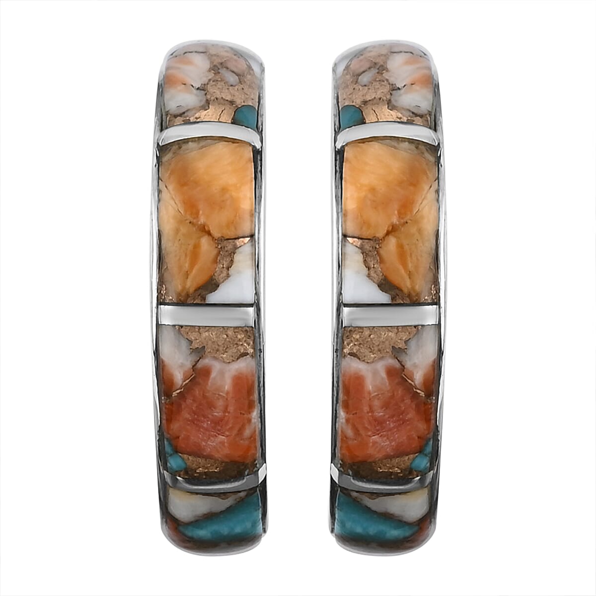Santa Fe Style Spiny Turquoise J-Hoop Earrings in Sterling Silver 1.25 ctw