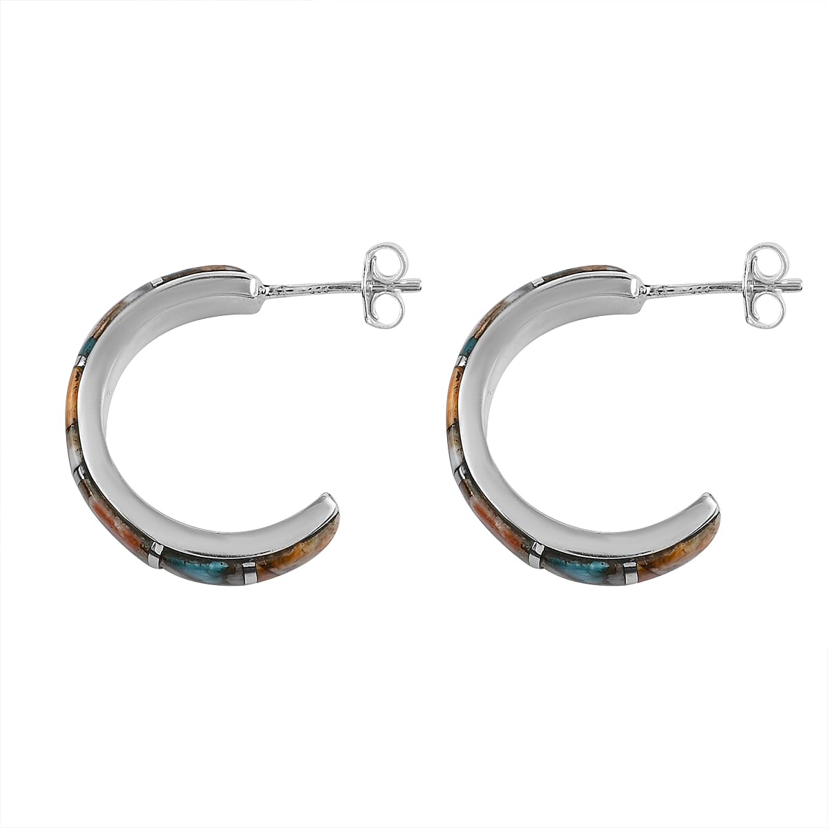 Santa Fe Style Spiny Turquoise J-Hoop Earrings in Sterling Silver 1.25 ctw