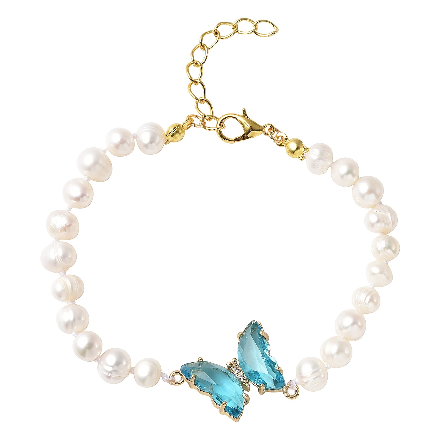White Freshwater Cultured Pearl, Sky Blue Glass and Austrian Crystal Butterfly Bracelet in Goldtone (7.50 In)