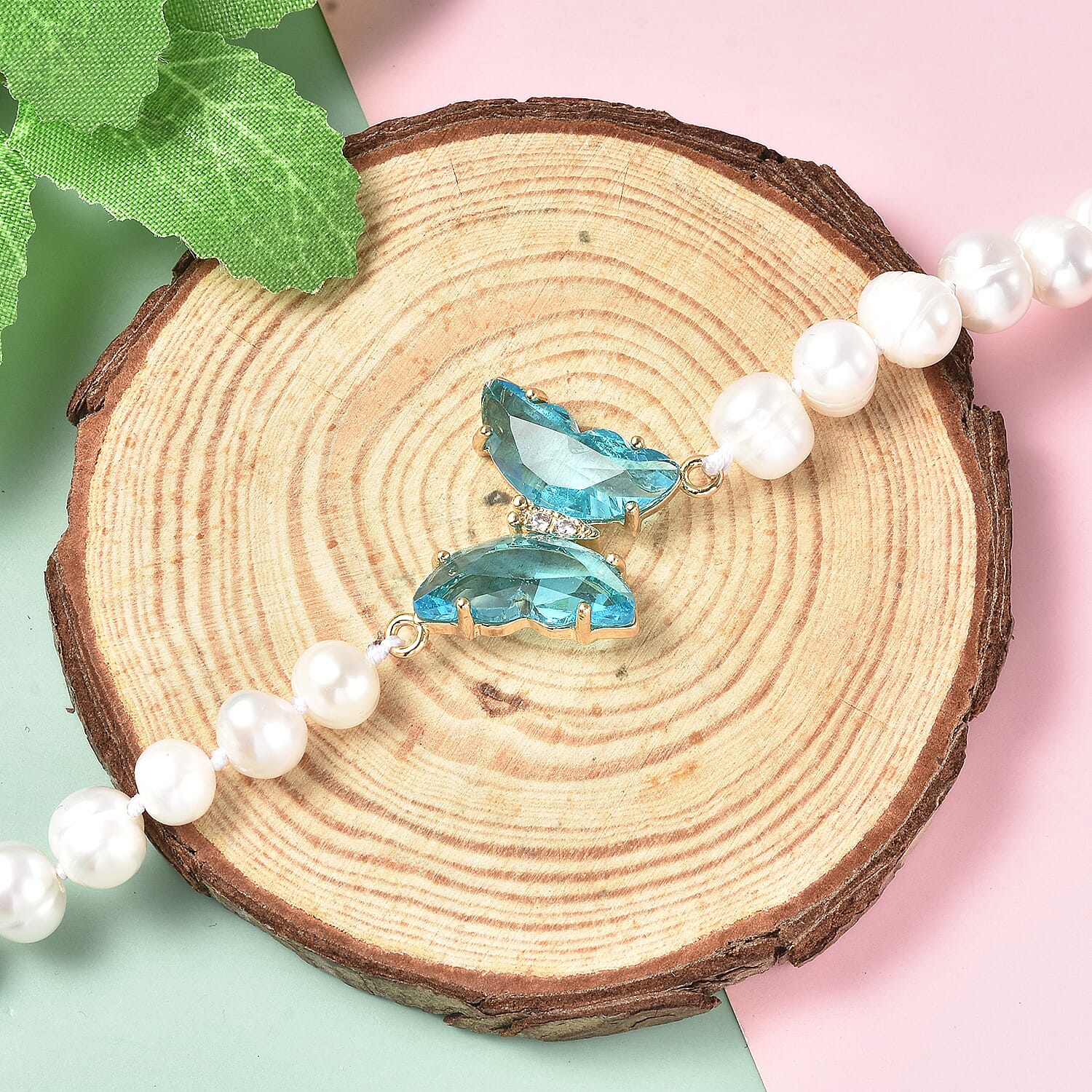 White Freshwater Cultured Pearl, Sky Blue Glass and Austrian Crystal Butterfly Bracelet in Goldtone (7.50 In)