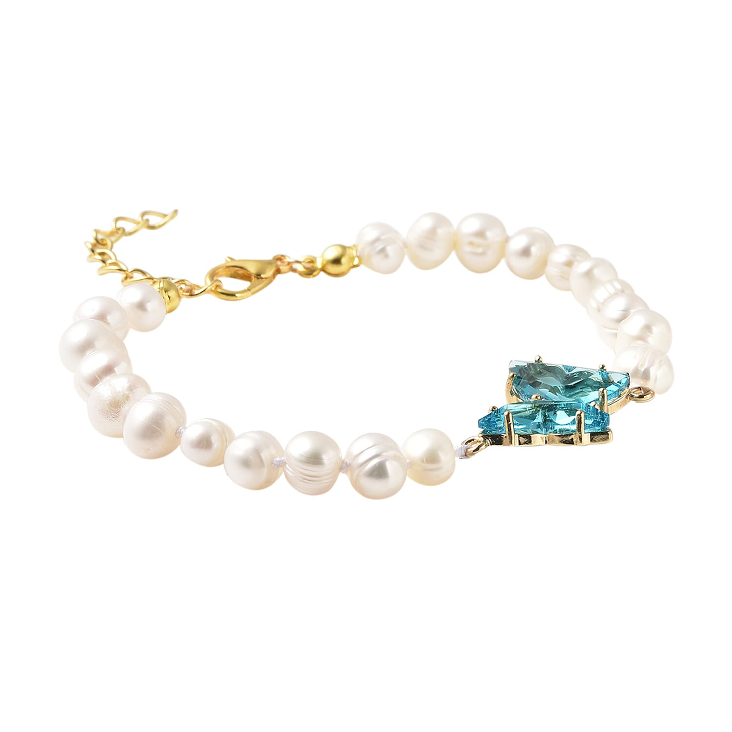 White Freshwater Cultured Pearl, Sky Blue Glass and Austrian Crystal Butterfly Bracelet in Goldtone (7.50 In)