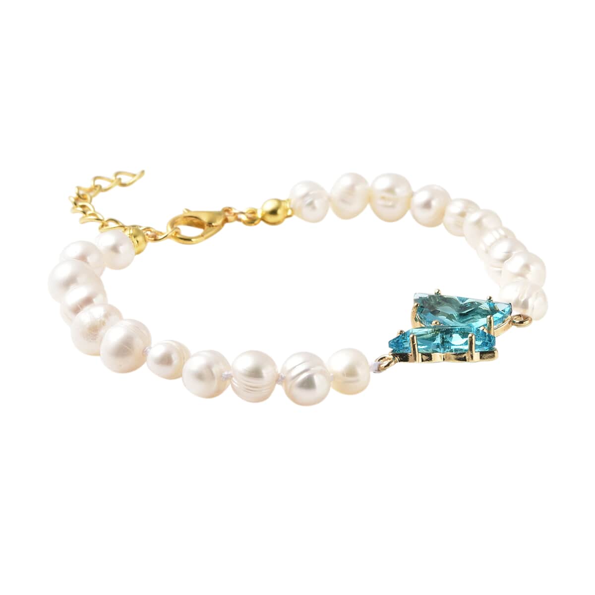 White Freshwater Cultured Pearl, Blue Glass, Austrian Crystal Butterfly Bracelet in Goldtone (7.50 In) image number 2