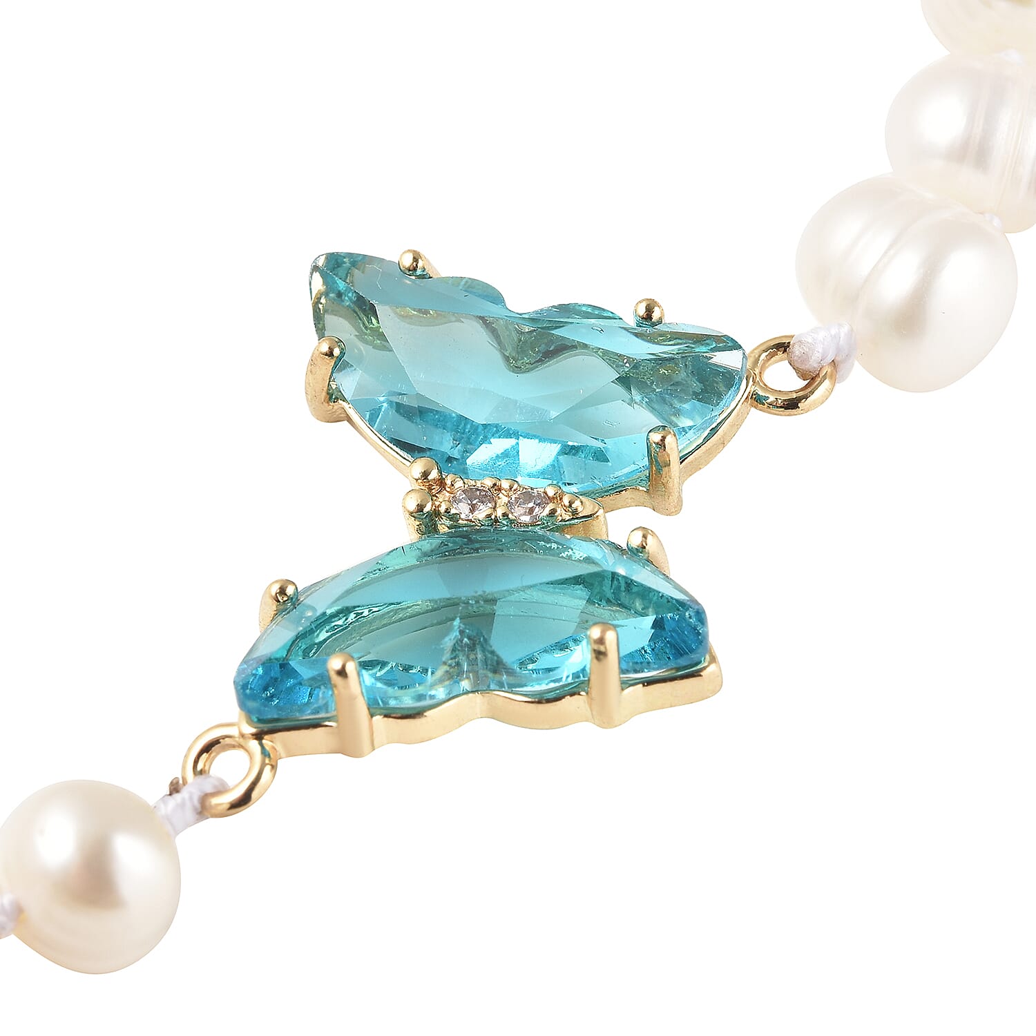 White Freshwater Cultured Pearl, Sky Blue Glass and Austrian Crystal Butterfly Bracelet in Goldtone (7.50 In)
