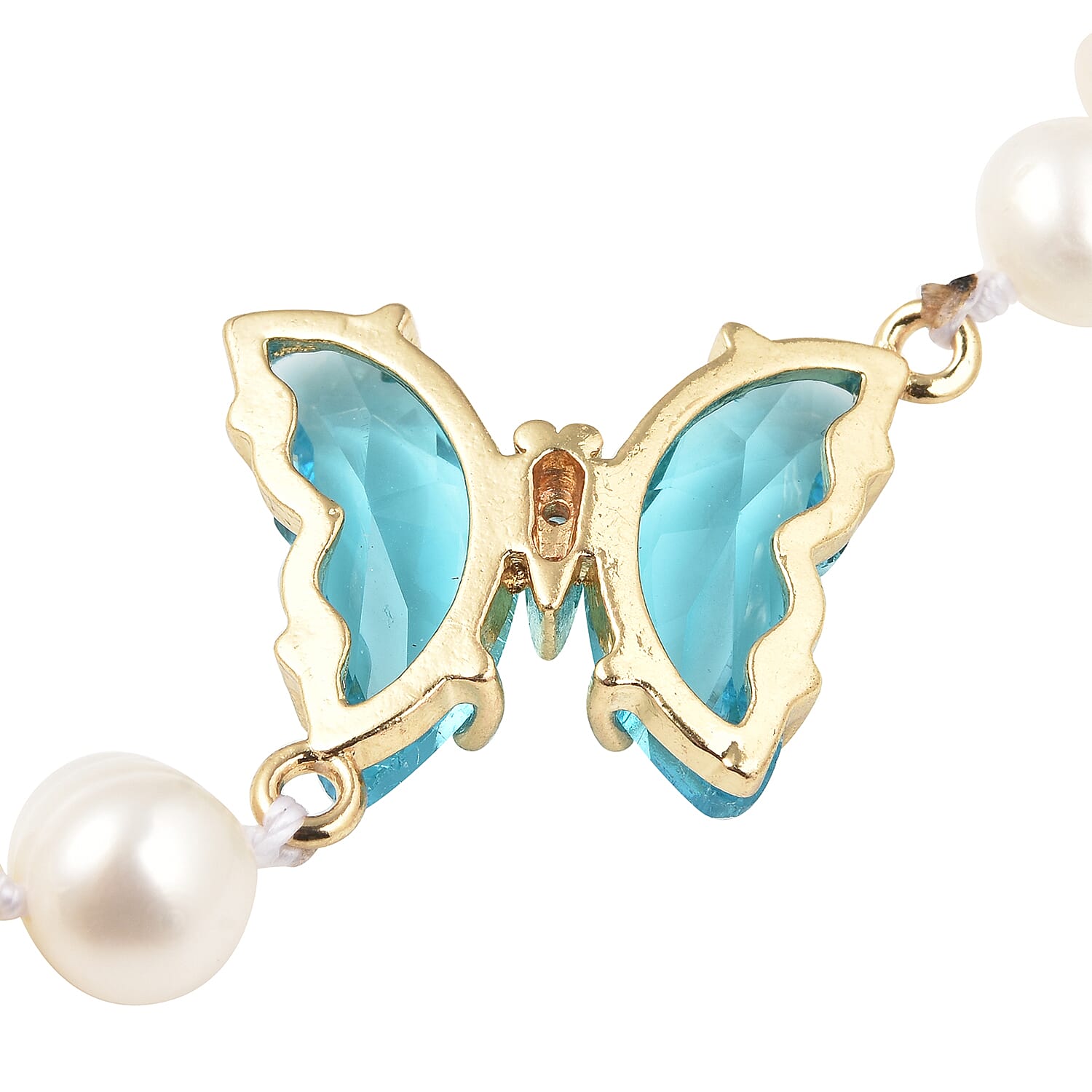 White Freshwater Cultured Pearl, Sky Blue Glass and Austrian Crystal Butterfly Bracelet in Goldtone (7.50 In)