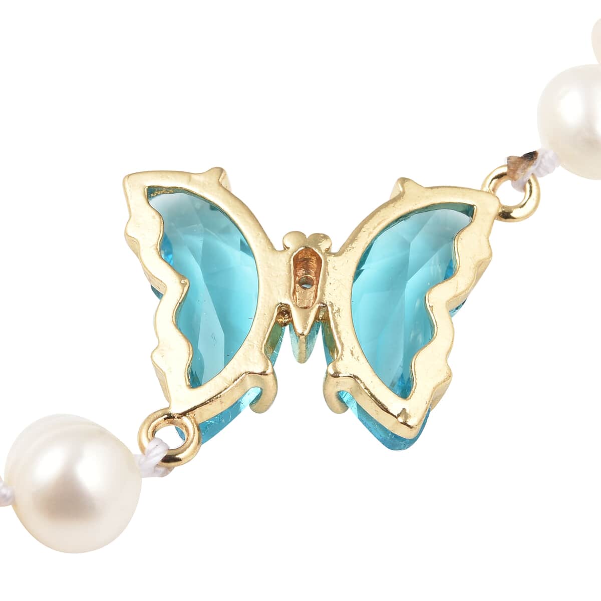White Freshwater Cultured Pearl, Blue Glass, Austrian Crystal Butterfly Bracelet in Goldtone (7.50 In) image number 4