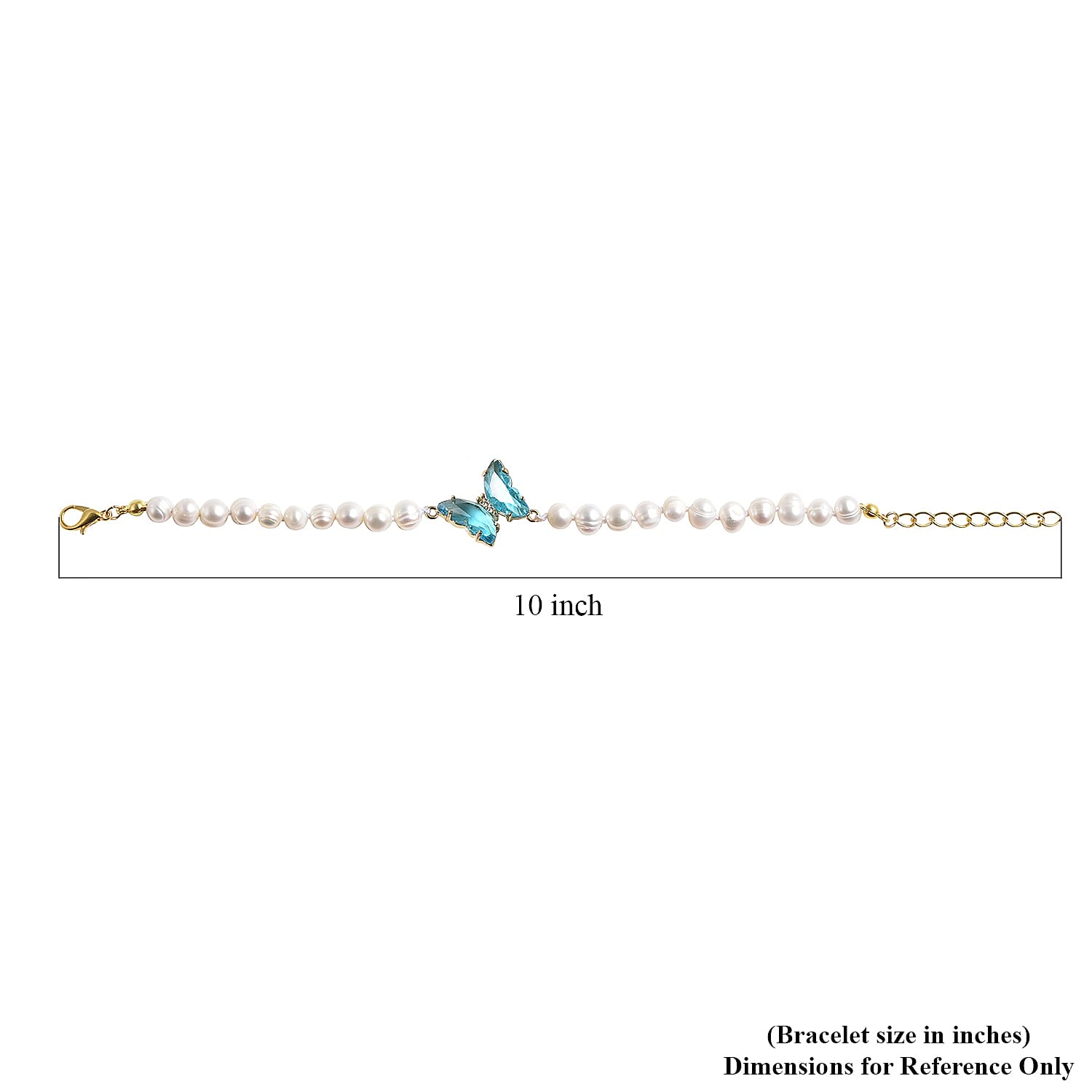 White Freshwater Cultured Pearl, Sky Blue Glass and Austrian Crystal Butterfly Bracelet in Goldtone (7.50 In)