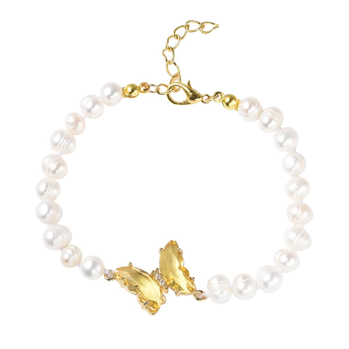 White Freshwater Cultured Pearl, Yellow Glass and Austrian Crystal Butterfly Bracelet in Goldtone (7.50 In) image number 0