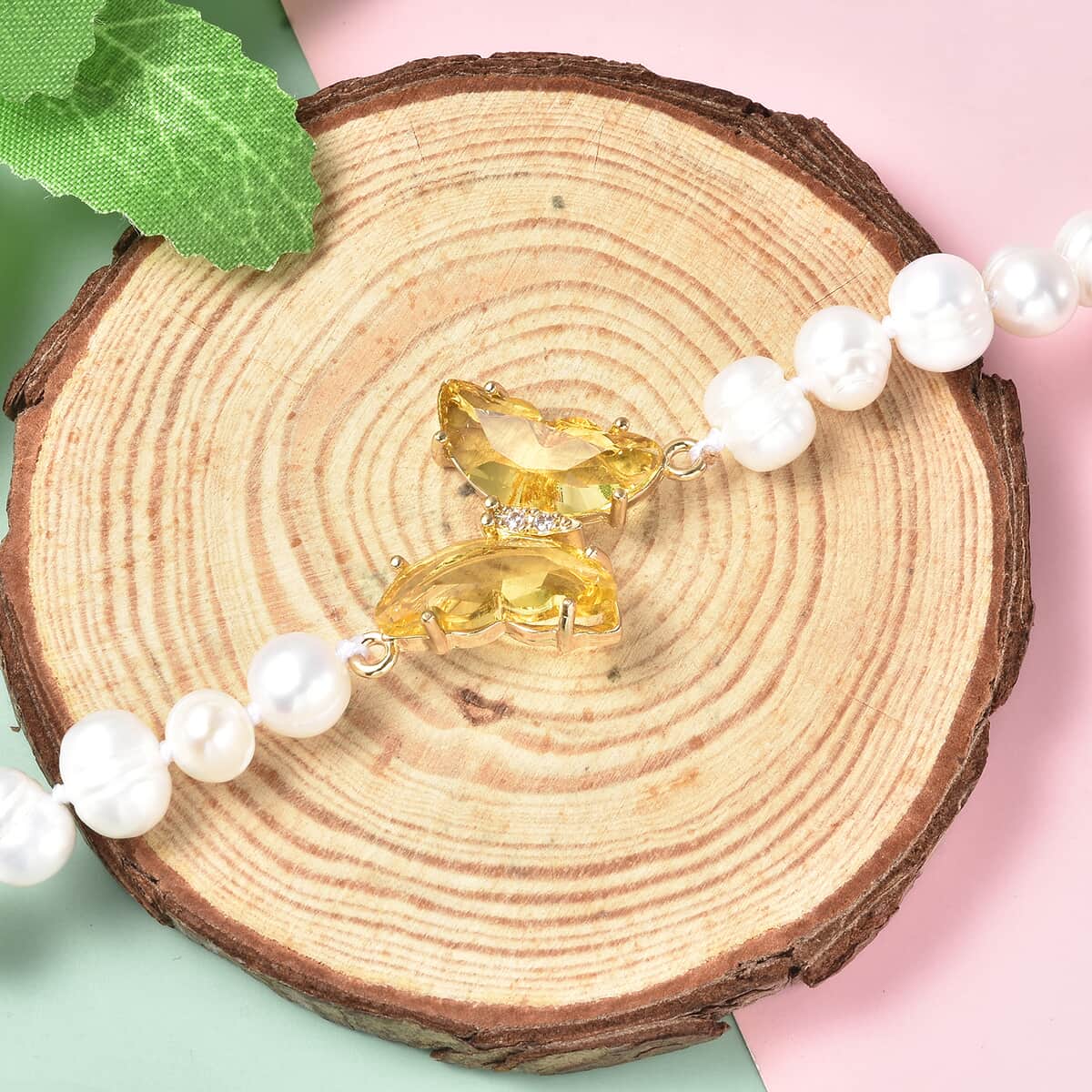 White Freshwater Cultured Pearl, Yellow Glass and Austrian Crystal Butterfly Bracelet in Goldtone (7.50 In) image number 1