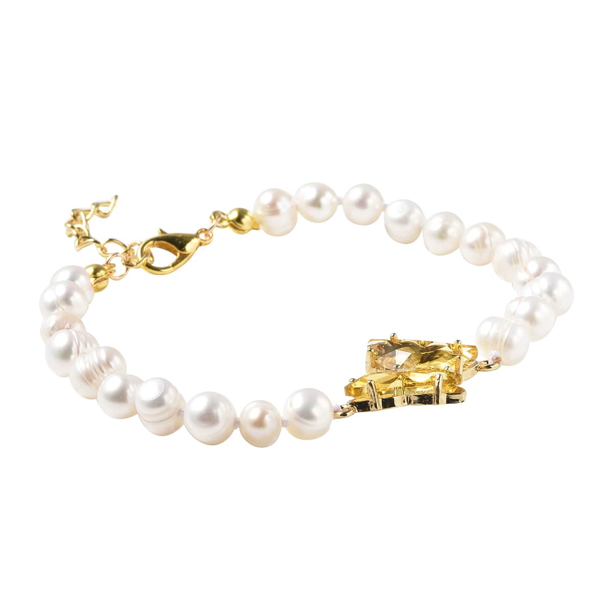 White Freshwater Cultured Pearl, Yellow Glass and Austrian Crystal Butterfly Bracelet in Goldtone (7.50 In) image number 2