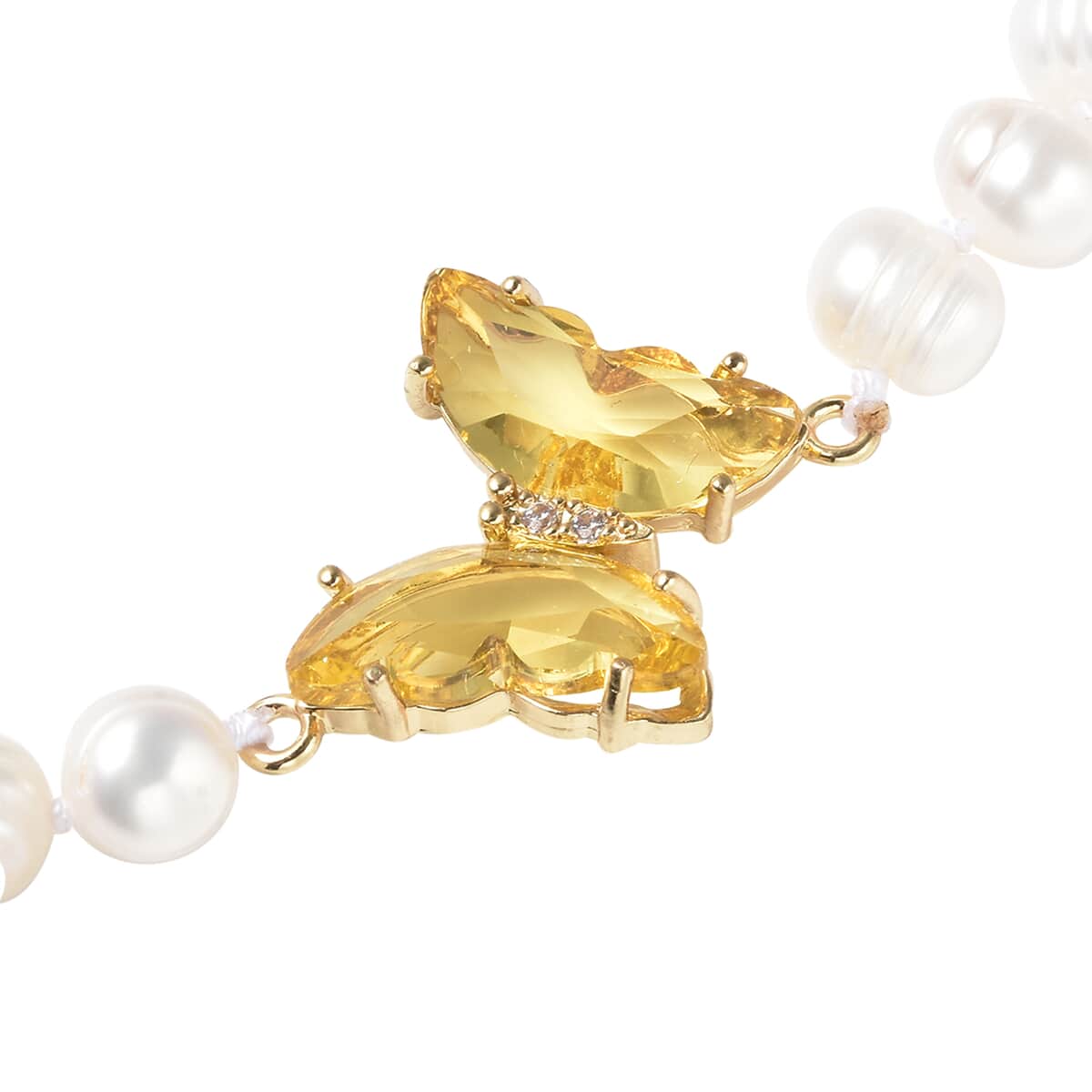 White Freshwater Cultured Pearl, Yellow Glass and Austrian Crystal Butterfly Bracelet in Goldtone (7.50 In) image number 3