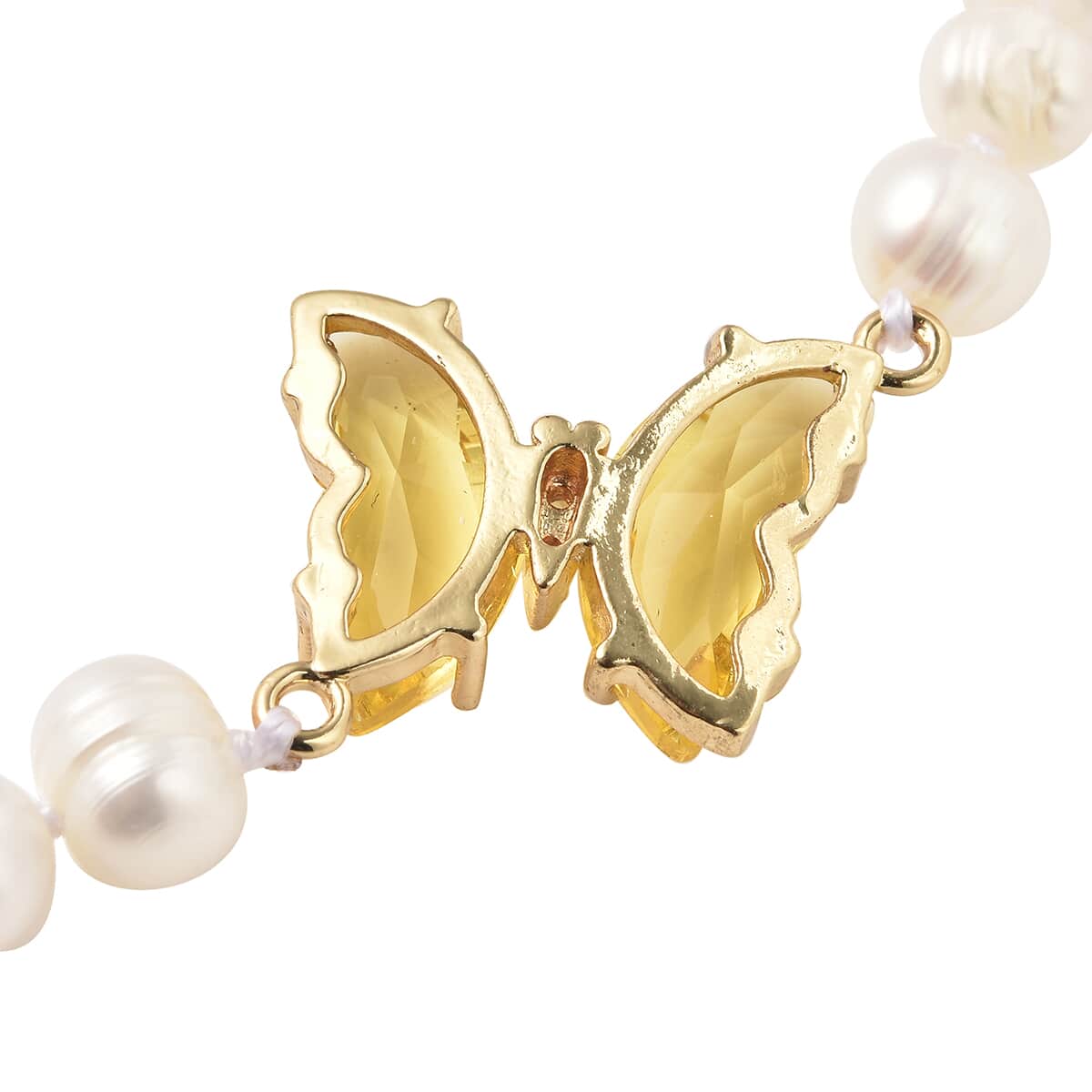 White Freshwater Cultured Pearl, Yellow Glass and Austrian Crystal Butterfly Bracelet in Goldtone (7.50 In) image number 4