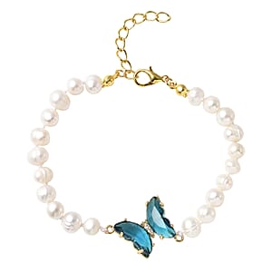 White Freshwater Cultured Pearl, Blue Glass and Austrian Crystal Butterfly Bracelet in Goldtone (7.50 In)
