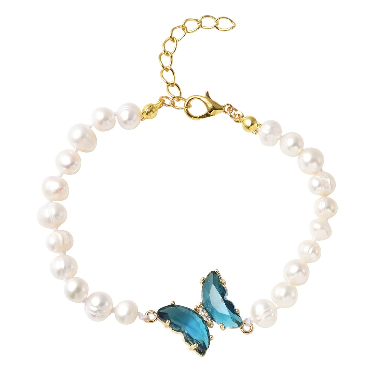 White Freshwater Cultured Pearl, Blue Glass and Austrian Crystal Butterfly Bracelet in Goldtone (7.50 In) image number 0