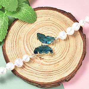 White Freshwater Cultured Pearl, Blue Glass and Austrian Crystal Butterfly Bracelet in Goldtone (7.50 In)