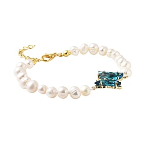 White Freshwater Cultured Pearl, Blue Glass and Austrian Crystal Butterfly Bracelet in Goldtone (7.50 In)