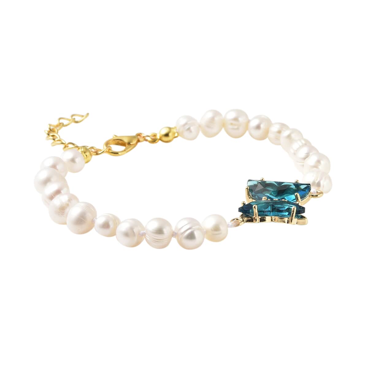 White Freshwater Cultured Pearl, Blue Glass and Austrian Crystal Butterfly Bracelet in Goldtone (7.50 In) image number 2