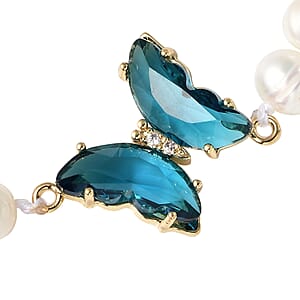White Freshwater Cultured Pearl, Blue Glass and Austrian Crystal Butterfly Bracelet in Goldtone (7.50 In)