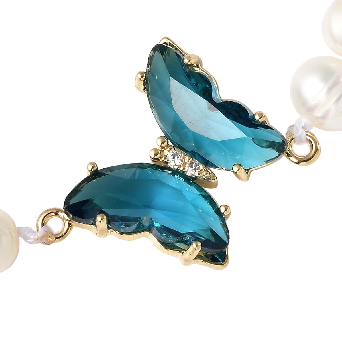 White Freshwater Cultured Pearl, Blue Glass and Austrian Crystal Butterfly Bracelet in Goldtone (7.50 In) image number 3