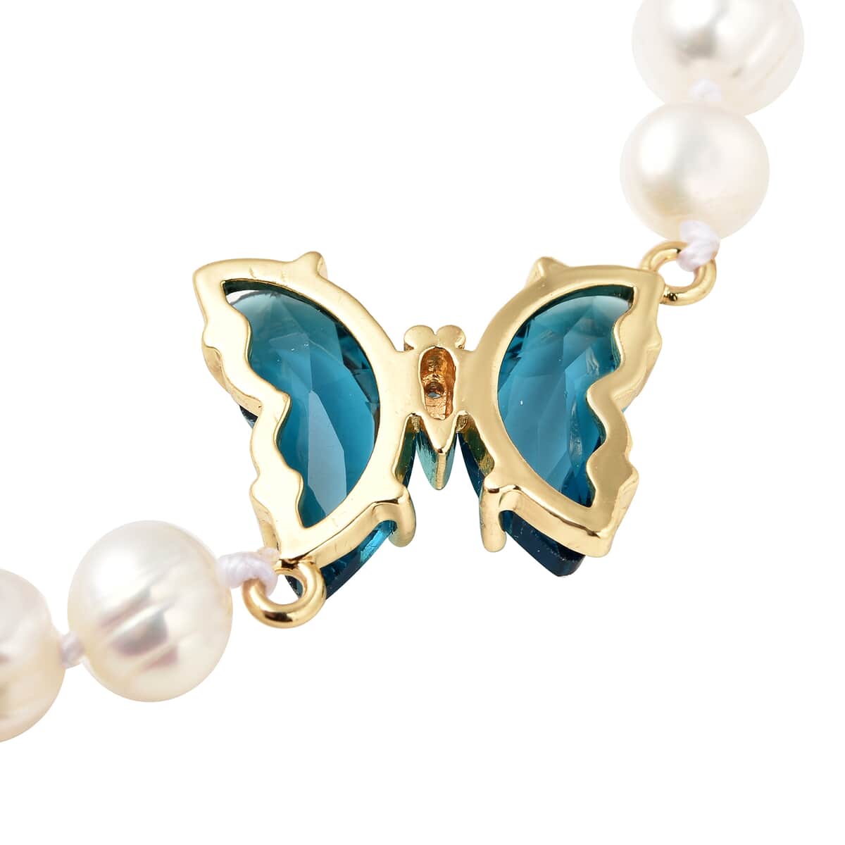 White Freshwater Cultured Pearl, Blue Glass and Austrian Crystal Butterfly Bracelet in Goldtone (7.50 In) image number 4