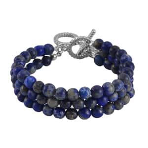 Lapis Lazuli 6-8mm Beaded Triple Row Bracelet in Silvertone (6.75 In) 123.50 ctw