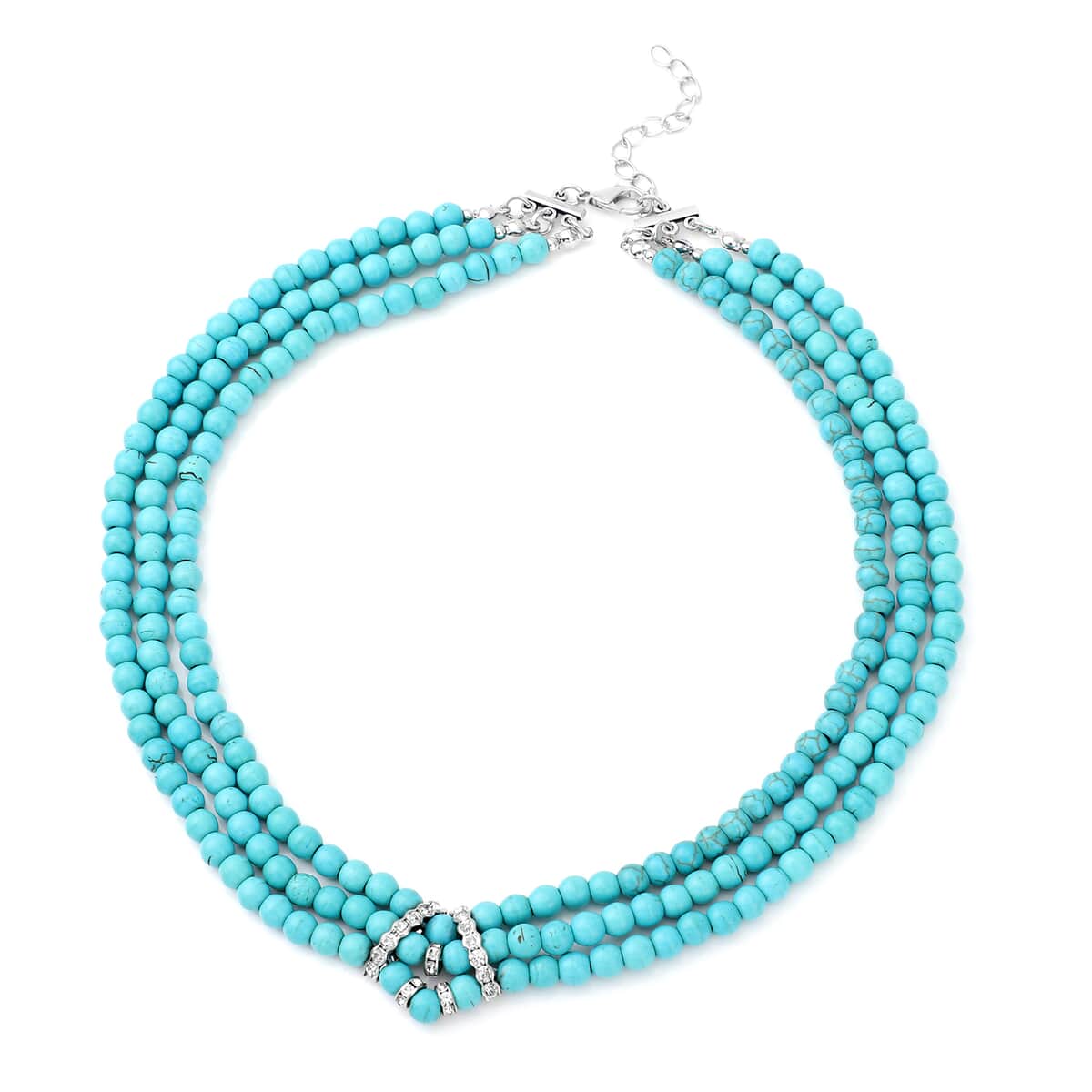 Blue Howlite and White Austrian Crystal Triple Row Beaded Necklace 18 Inches in Silvertone 287.50 ctw image number 0