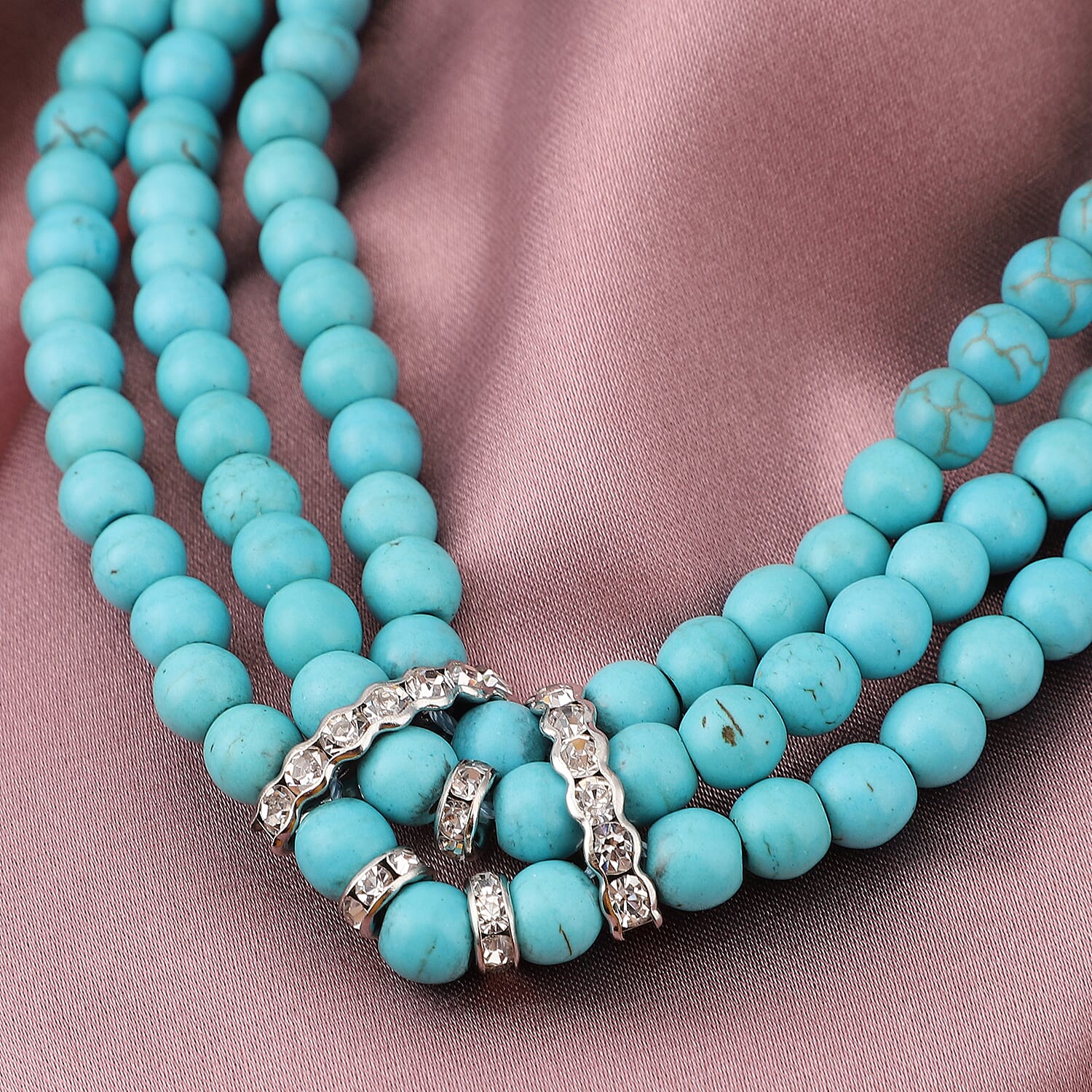 Constituted Blue Howlite and White Austrian Crystal Triple Row Beaded Necklace 18 Inches in Silvertone 287.50 ctw