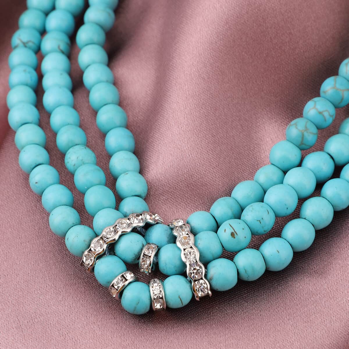 Blue Howlite and White Austrian Crystal Triple Row Beaded Necklace 18 Inches in Silvertone 287.50 ctw image number 1