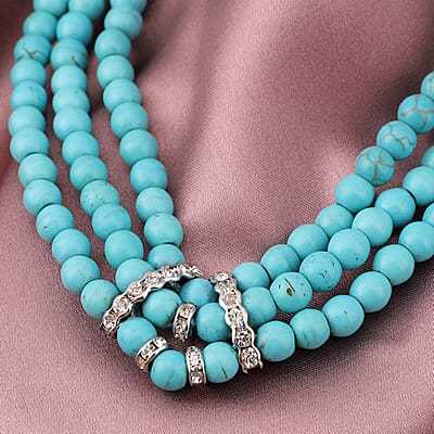 Constituted Blue Howlite and White Austrian Crystal Triple Row Beaded Necklace 18 Inches in Silvertone 287.50 ctw