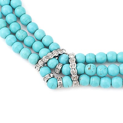 Constituted Blue Howlite and White Austrian Crystal Triple Row Beaded Necklace 18 Inches in Silvertone 287.50 ctw
