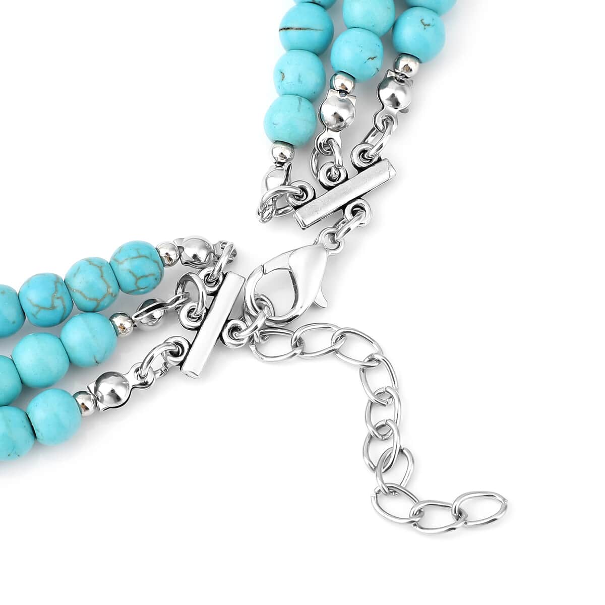 Freshened Blue Howlite and White Austrian Crystal Triple Row Beaded Necklace 18 Inches in Silvertone 287.50 ctw image number 3