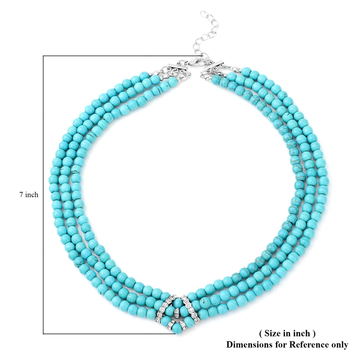 Freshened Blue Howlite and White Austrian Crystal Triple Row Beaded Necklace 18 Inches in Silvertone 287.50 ctw image number 4
