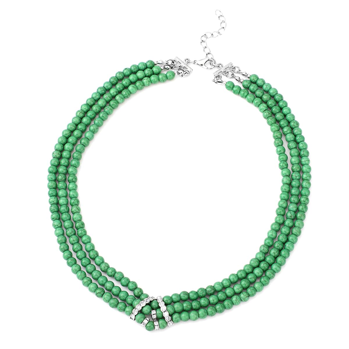 Freshened Green Howlite and White Austrian Crystal Triple Row Beaded Necklace 18 Inches in Silvertone 263.00 ctw image number 0