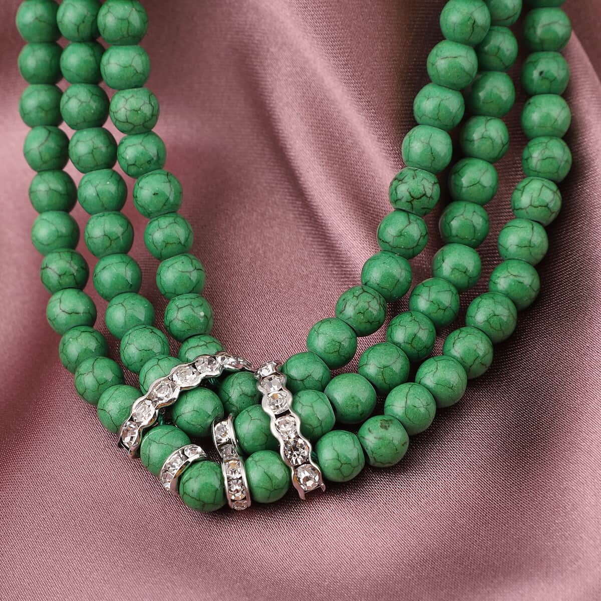 Freshened Green Howlite and White Austrian Crystal Triple Row Beaded Necklace 18 Inches in Silvertone 263.00 ctw image number 1