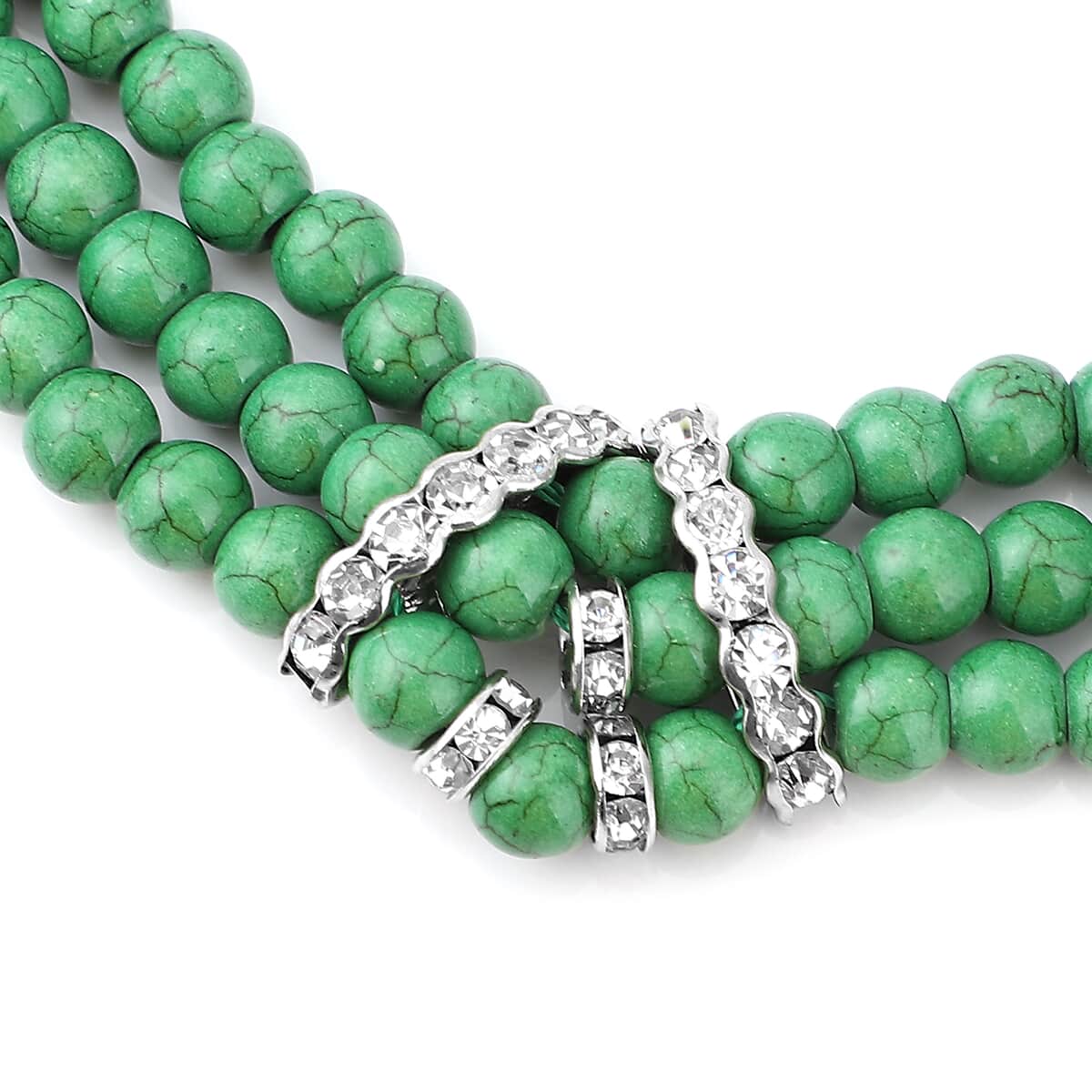 Freshened Green Howlite and White Austrian Crystal Triple Row Beaded Necklace 18 Inches in Silvertone 263.00 ctw image number 2