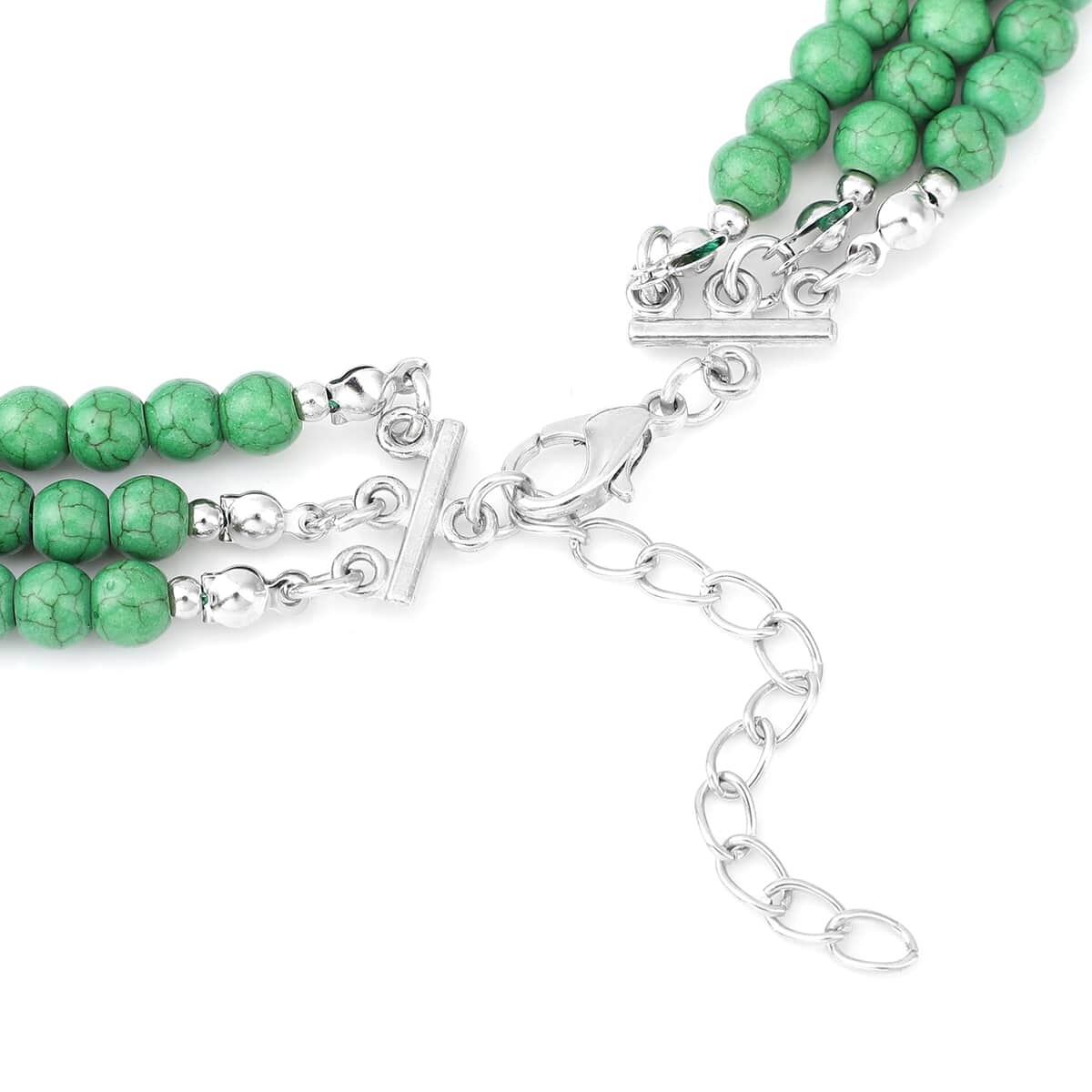 Freshened Green Howlite and White Austrian Crystal Triple Row Beaded Necklace 18 Inches in Silvertone 263.00 ctw image number 3