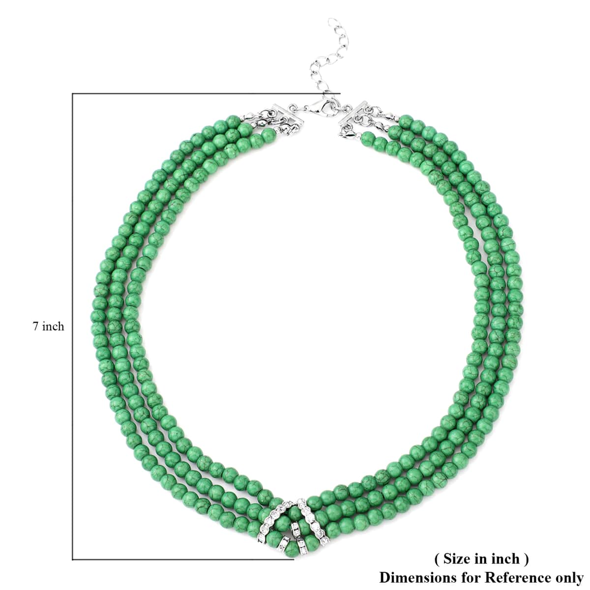 Freshened Green Howlite and White Austrian Crystal Triple Row Beaded Necklace 18 Inches in Silvertone 263.00 ctw image number 4