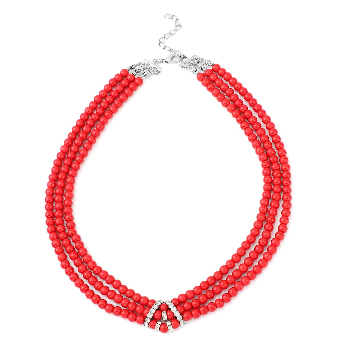 Freshened Red Howlite and White Austrian Crystal Triple Row Beaded Necklace 18 Inches in Silvertone 278.00 ctw image number 0