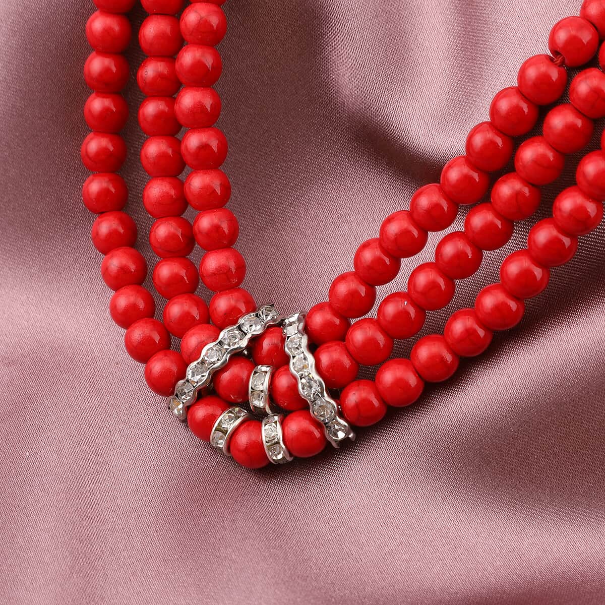 Freshened Red Howlite and White Austrian Crystal Triple Row Beaded Necklace 18 Inches in Silvertone 278.00 ctw image number 1