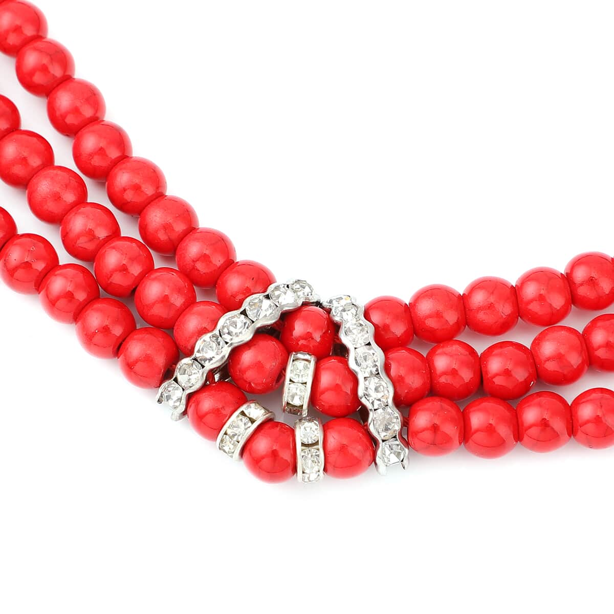 Freshened Red Howlite and White Austrian Crystal Triple Row Beaded Necklace 18 Inches in Silvertone 278.00 ctw image number 2