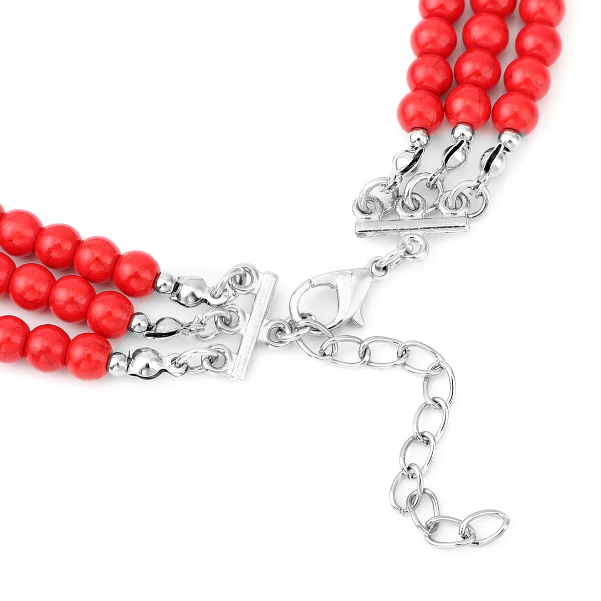 Freshened Red Howlite and White Austrian Crystal Triple Row Beaded Necklace 18 Inches in Silvertone 278.00 ctw image number 3