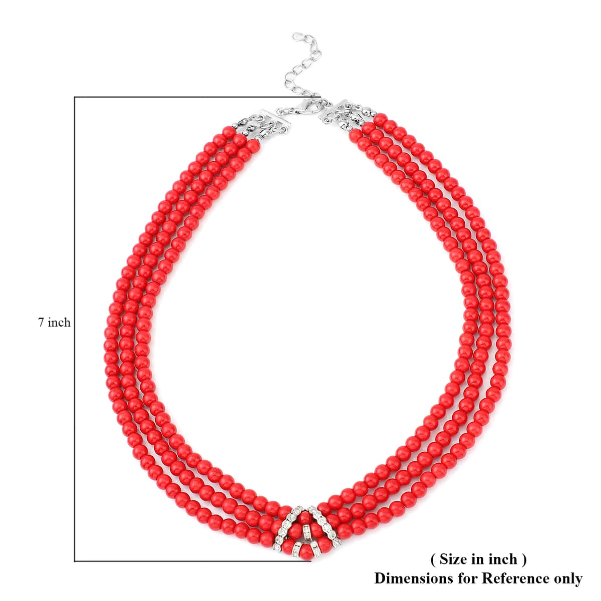 Freshened Red Howlite and White Austrian Crystal Triple Row Beaded Necklace 18 Inches in Silvertone 278.00 ctw image number 4