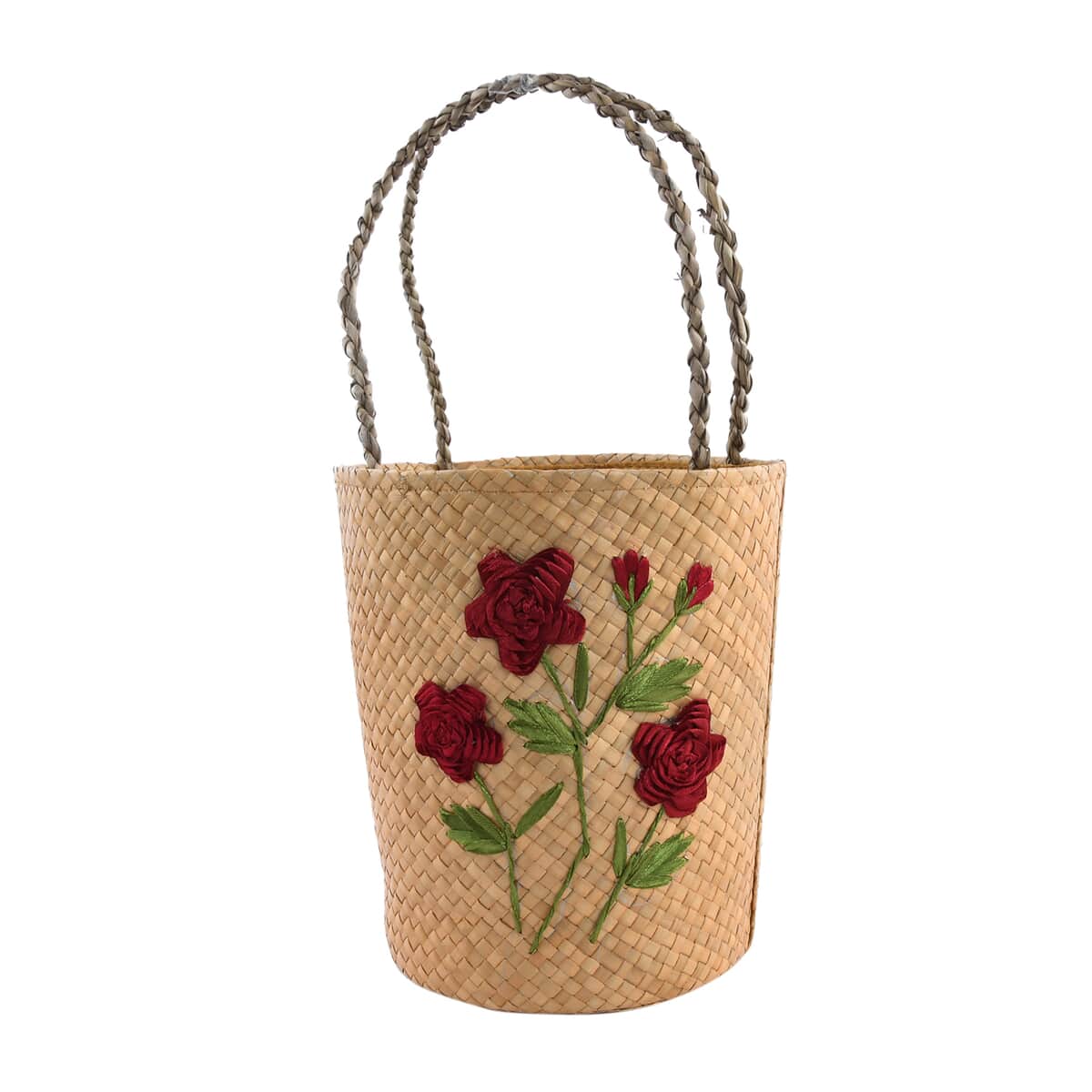 Brown Embroidered with Floral Handmade Pandan Woven Basket Bag image number 0
