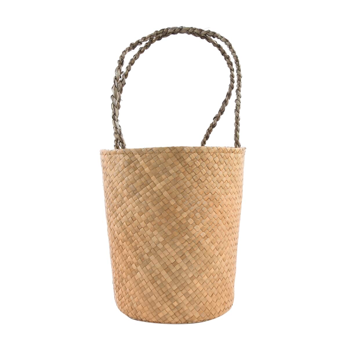 Brown Embroidered with Floral Handmade Pandan Woven Basket Bag image number 1