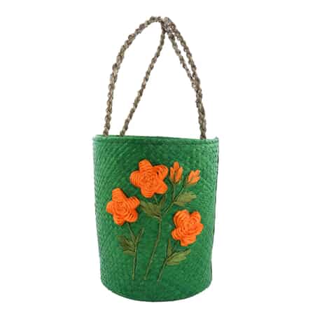 Green Embroidered with Floral Handmade Pandan Woven Basket Bag image number 0