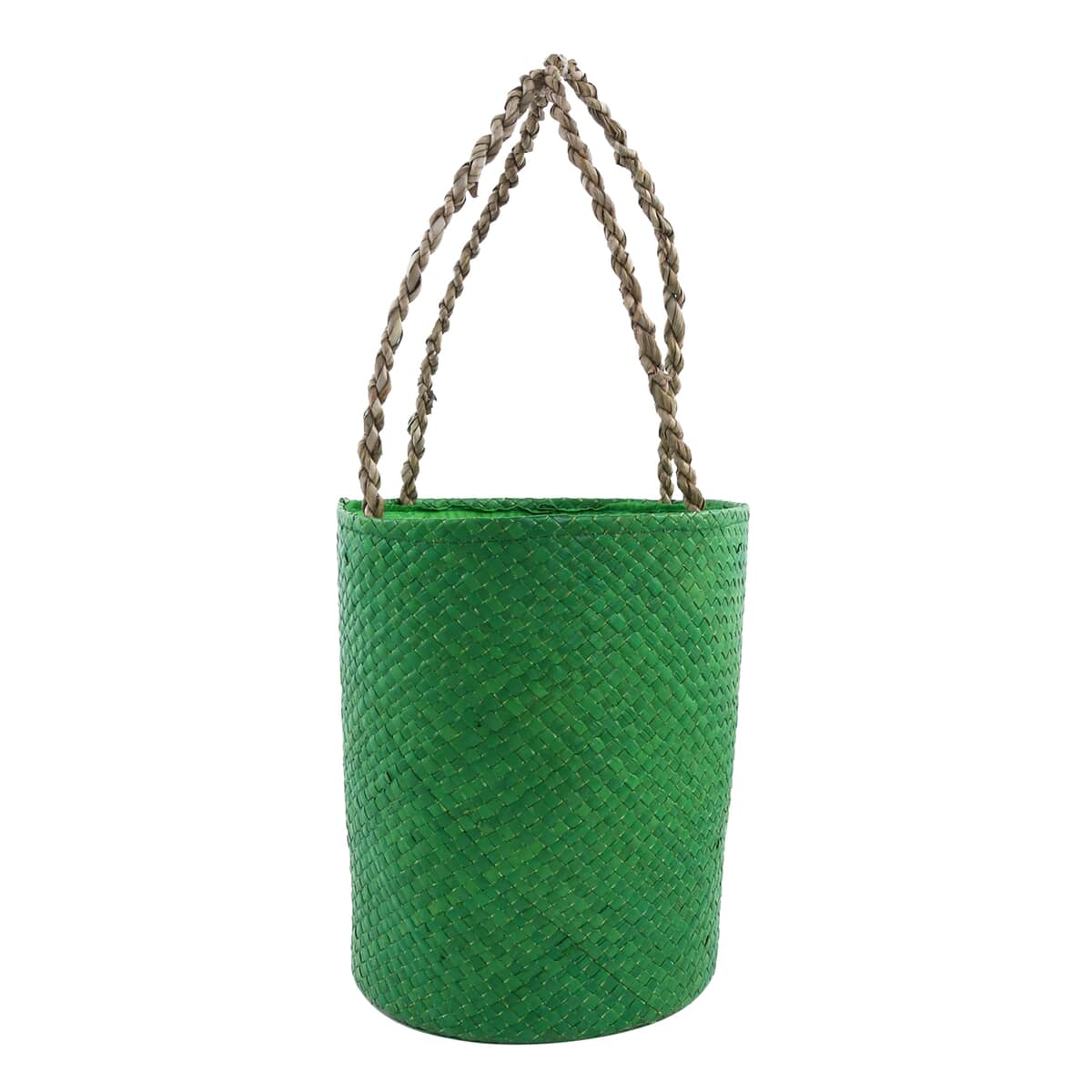 Green Embroidered with Floral Handmade Pandan Woven Basket Bag image number 1