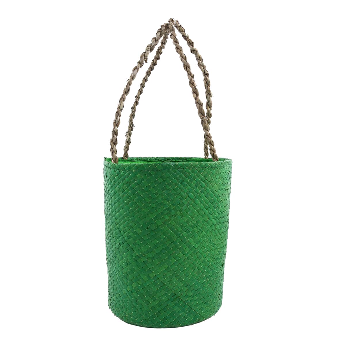 Green Embroidered with Floral Handmade Pandan Woven Basket Bag image number 2