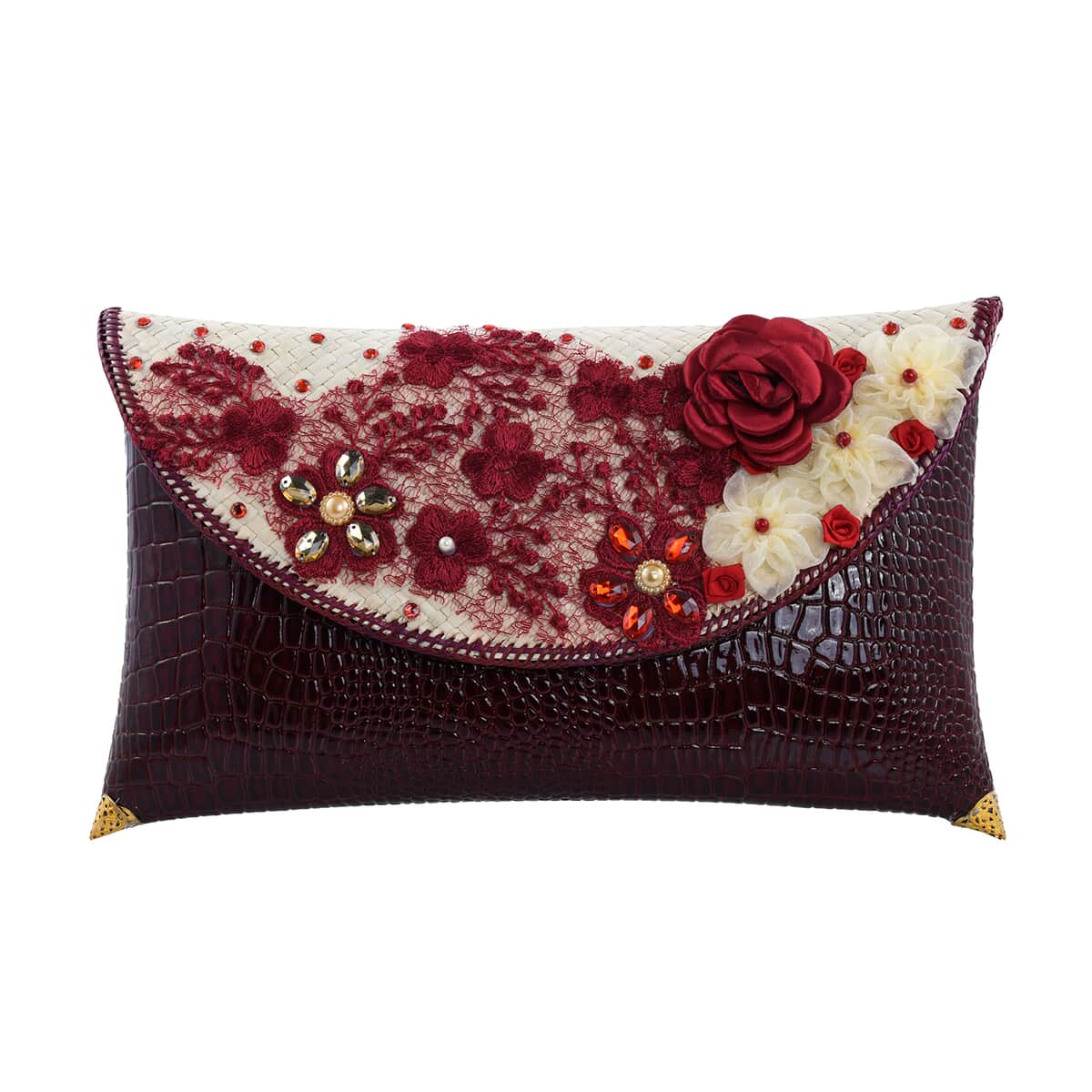 Handmade Red Eco Friendly Croco Embossed Pandan Woven Clutch (11.02x1.97x7.78) image number 0